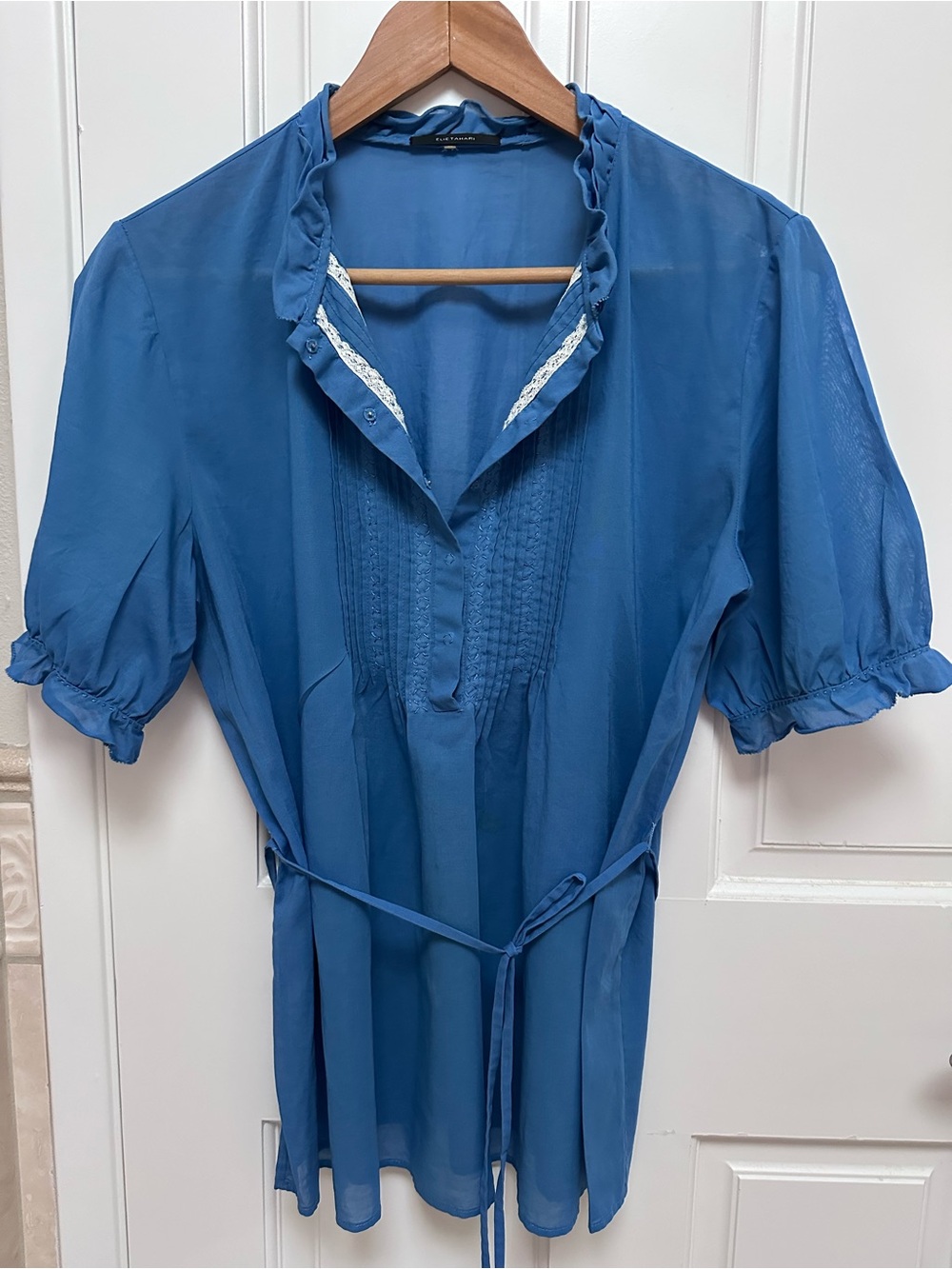 Elie Tahari Blue Ruffled Pintuck Tie-Waist Blouse cotton